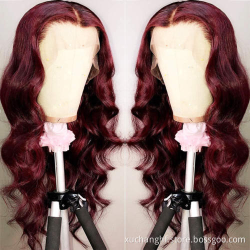 Body Wave Colored Human Hair Lace Front Wigs 180% Density HD Transparent Wig 99J Red Burgundy Remy Brazilian Wig For Black Women